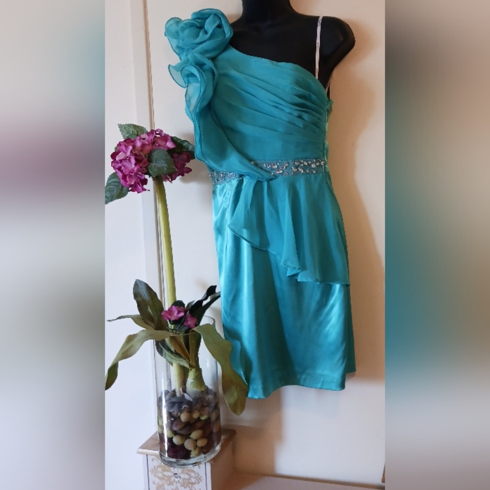 B.DARLIN evening short dress original 90's chiffon and Satin aqua blue sz. S-M - Picture 2 of 10